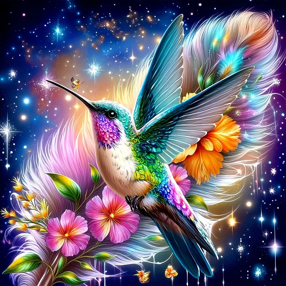 Colorful Hummingbird with Cosmic Feathers and Flowers, Multiple sizes available including square and round diamonds. This 5D DIY diamond painting set diamond art embroidery kit handmade furniture decor holiday birthday art personalized gift Handmade Gifts