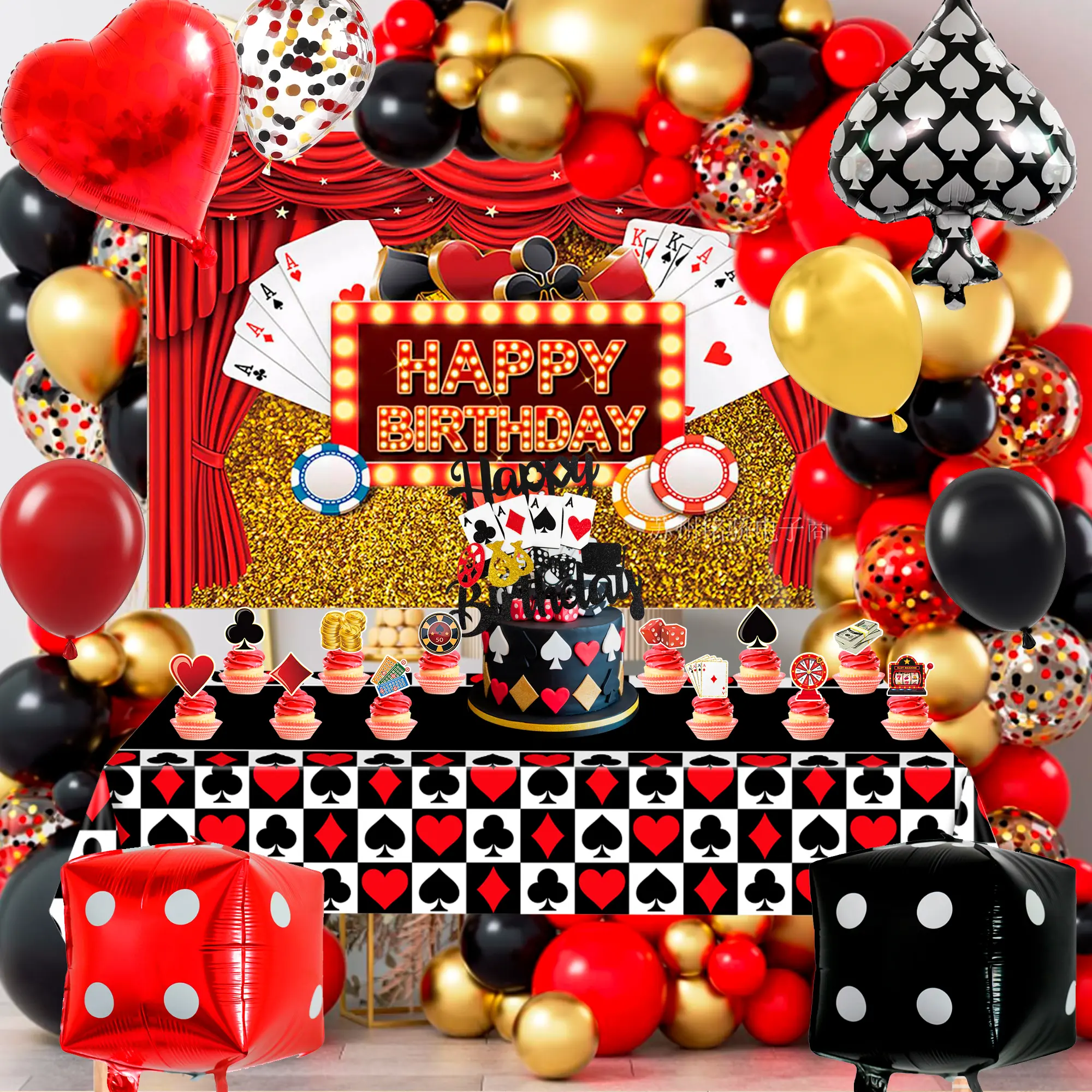 Casino Party Decorations, 85 Pcs Casino Themed Party Supplies - Casino Party Balloons Backdrop Cake Topper Tablecloth etc Las Vegas Party Decorations