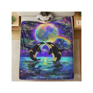 Fantasy Ocean Themed Flannel Throw Blanket - Digital Print With Orca Whales And Celestial Moon - Soft Quilted Polyester Bedding For All Seasons - Glam Style Decorative Blanket For Napping, Camping, Travel, Home Office Decor-30*40in