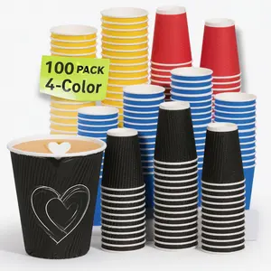 12 oz Coffee Cups 100 Pack, 4-Color Corrugated Disposable Paper Cups with Ripple Wall, Insulated for Hot & Cold Drinks, Assorted Colors (Red, Blue, Black, Yellow)