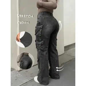 Women's High Waisted Cargo Jeans, Dark Gray Stretch Wide Leg Denim Pants with Multi Pockets for Casual Streetwear