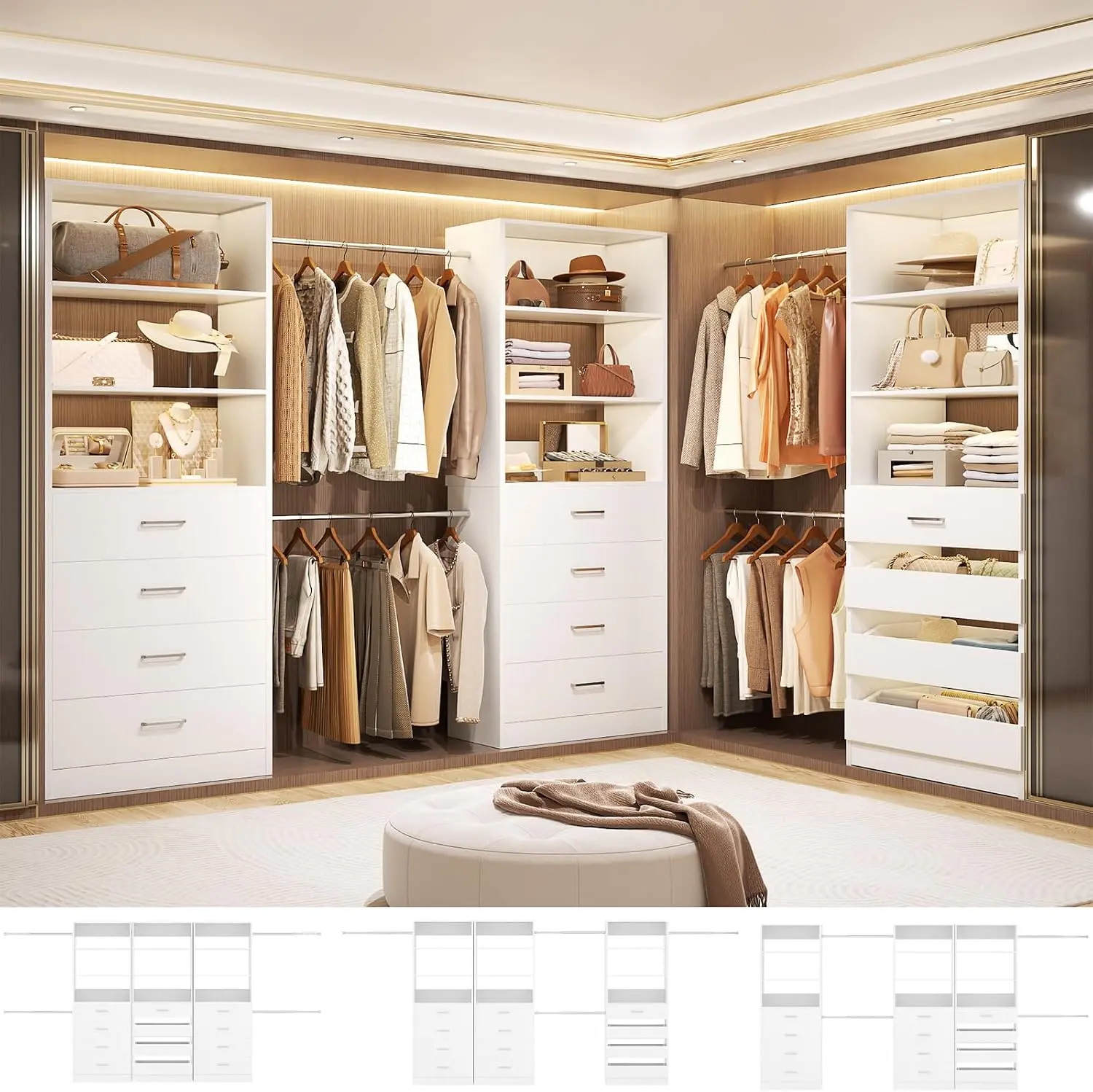 Cyclysio 8.5-11.5Ft Closet Organizer - 3-Piece Reversible Freestanding Walk-in Tower Wardrobe cabinet for Closet & Bedroom Organization, Adjustable Expandable Rods, 12 Wood Drawers, Corner L-Shaped/Straight for Apartments, Assembly Required, Heavy Wardrob