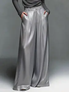 Elegant Women's Wide Leg Pants, Silver Color Metal Finish, Side Pockets, Simple Design, Urban Commute Fashion, Long Trousers