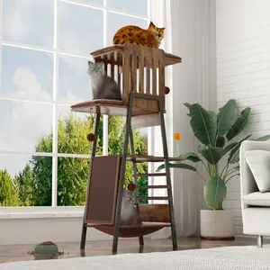 Modern Cat Tree, 58-Inch Cat Tower for Large Cats, Maine Coon Cat Tree with Scratching Board, Large Perch, Hammock and Removable Pads, Rustic Brown