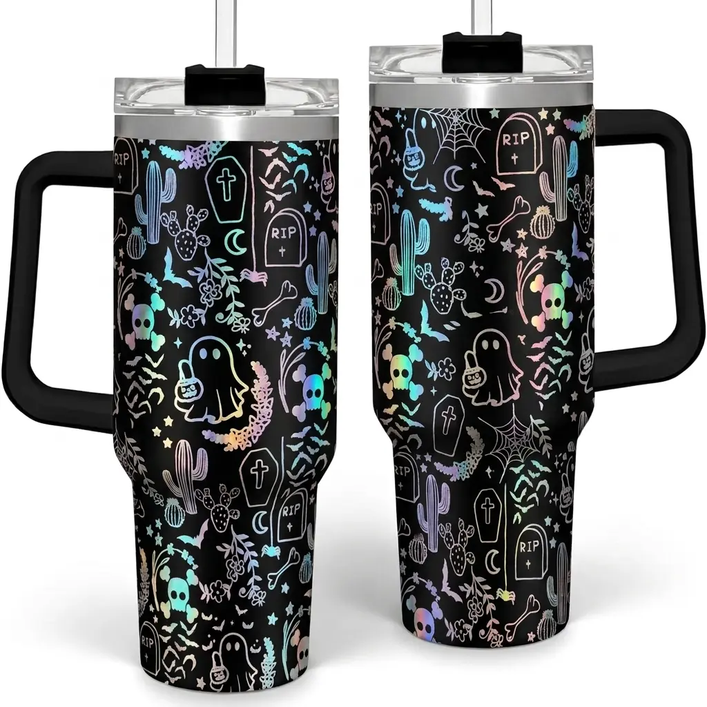 Holographic Halloween 40oz Tumbler With Handle, Iridescent Laser Engraved Spooky Ghost Cup, Cute Skull Coffin Gothic Tumbler, Stainless Steel Travel Mug With Straw, Spooky Season Gift For Her, Iridescent Rainbow Engraved Cup