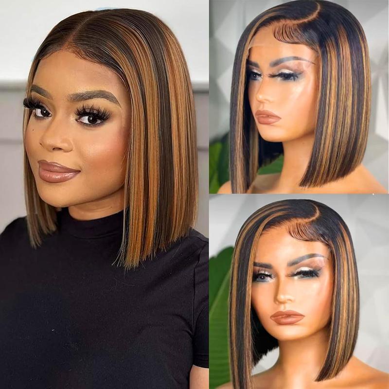 Bob Wig Human Hair Highlight Ombre 13x4 HD Transparent Lace Front Wigs 1b/27 Black and Blonde Wig Human Hair Pre Plucked with Baby Hair 200 Density Short Bob Wigs 10 Inch