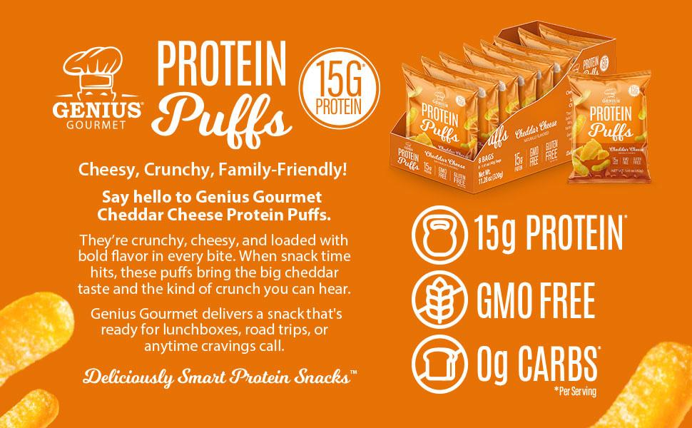 Genius Gourmet Protein Puffs - Cheddar Cheese Puff High Protein Snacks for Adults & Kids - 8 Ct Zero Added Sugar, Gluten Free & GMO Free - On the Go Cheesy Savory Snacks