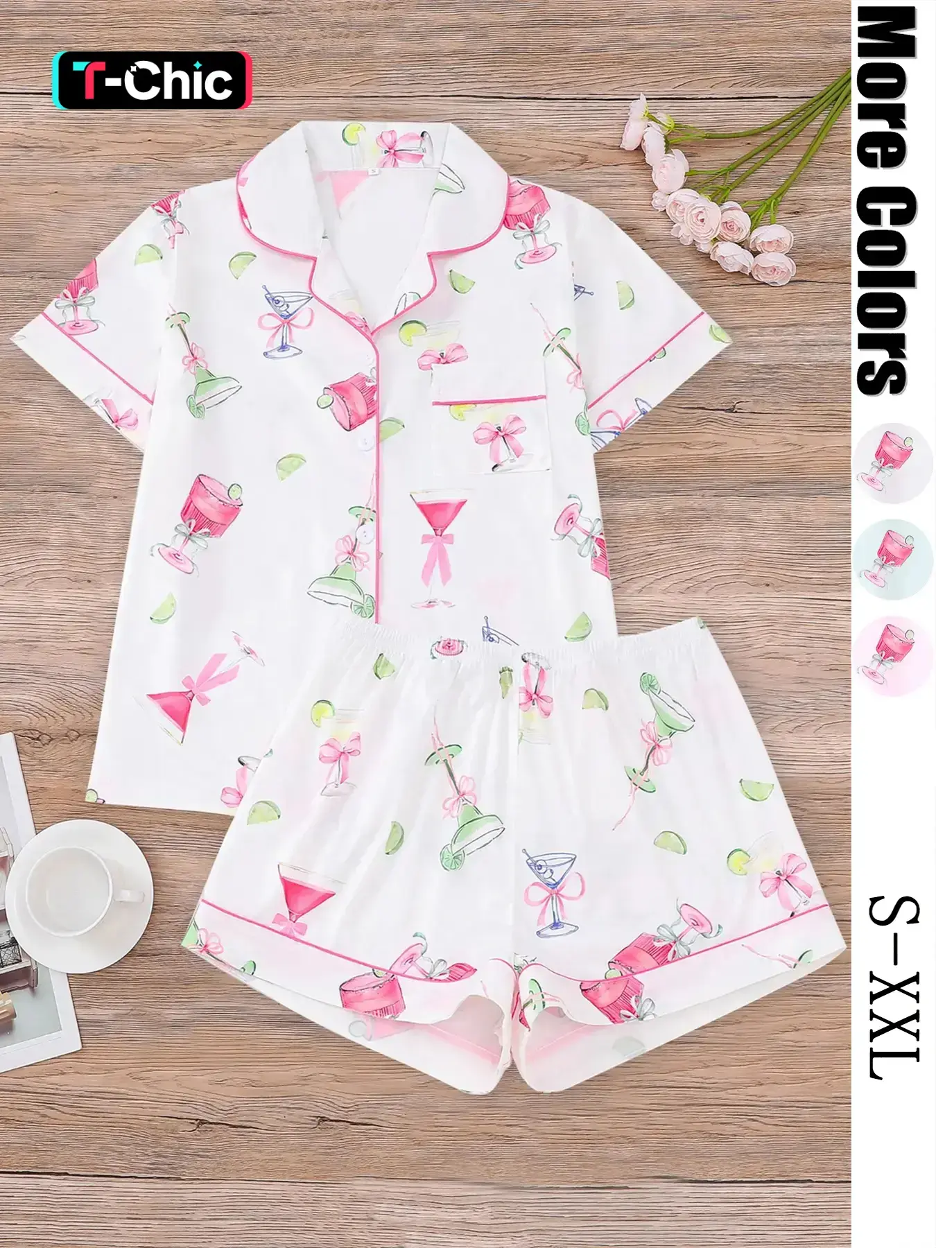 Women's All-Over Cocktail Print Button Front Shirt & Elastic Waist Shorts Pyjama, Casual Comfy Pjs Short Sleeve Top & Shorts Pajamas Set, Ladies Sleepwear for All Seasons, Loungewear, Casual Pajamas Outfit, Collared Sleepwear, Pajamas Home Wear