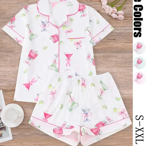 Women's All-Over Cocktail Print Button Front Shirt & Elastic Waist Shorts Pyjama, Casual Comfy Pjs Short Sleeve Top & Shorts Pajamas Set, Ladies Sleepwear for All Seasons, Loungewear, Casual Pajamas Outfit, Collared Sleepwear, Pajamas Home Wear