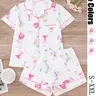Women's All-Over Cocktail Print Button Front Shirt & Elastic Waist Shorts Pyjama, Casual Comfy Pjs Short Sleeve Top & Shorts Pajamas Set, Ladies Sleepwear for All Seasons, Loungewear, Casual Pajamas Outfit, Collared Sleepwear, Pajamas Home Wear