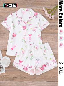 women's all over cocktail print button front shortsleeve shirt & elastic waist shorts pyjama, casual comfy short sleeve top & shorts pj set, ladies sleepwear for all seasons, loungewear, pajama sets, pajamas, cute pajama sets, womenswear