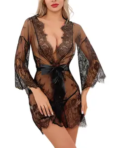 Narcisse Women's Lingerie Lace Kimono Robe Mesh Nightgown for Women Chemise Babydoll Lingerie Cover Up Sheer Robe with Belt