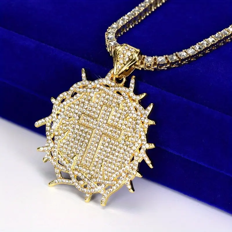 Unisex Mosaic Cross Pendant Necklace - Zinc Alloy, Sparkling Rhinestones, Adjustable Cuban Chain & Link, Durable Hip Hop Costume Jewelry for Casual Daily Wear