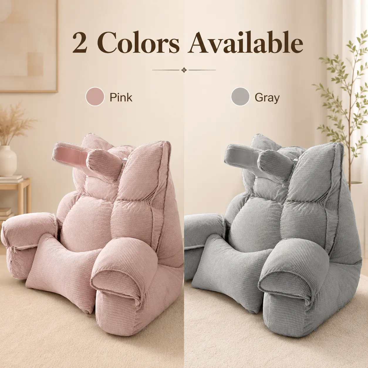 PU Surface Large Reading Rest Backrest Cushion - Includes Neck & Waist Pillows, Removable Washable Cover, Sag-Preventing Height-Increasing Armrests, Includes Pillows