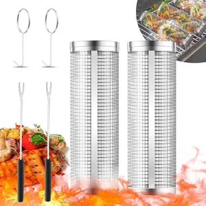 KAYCROWN Rolling Grill Baskets for Outdoor Grilling 2 Pack, BBQ Grill Baskets Stainless Steel Grill Mesh 12 Inches, Grill BBQ Net Tube Stainless Steel Barbecue Grill Accessories, (2 Large)