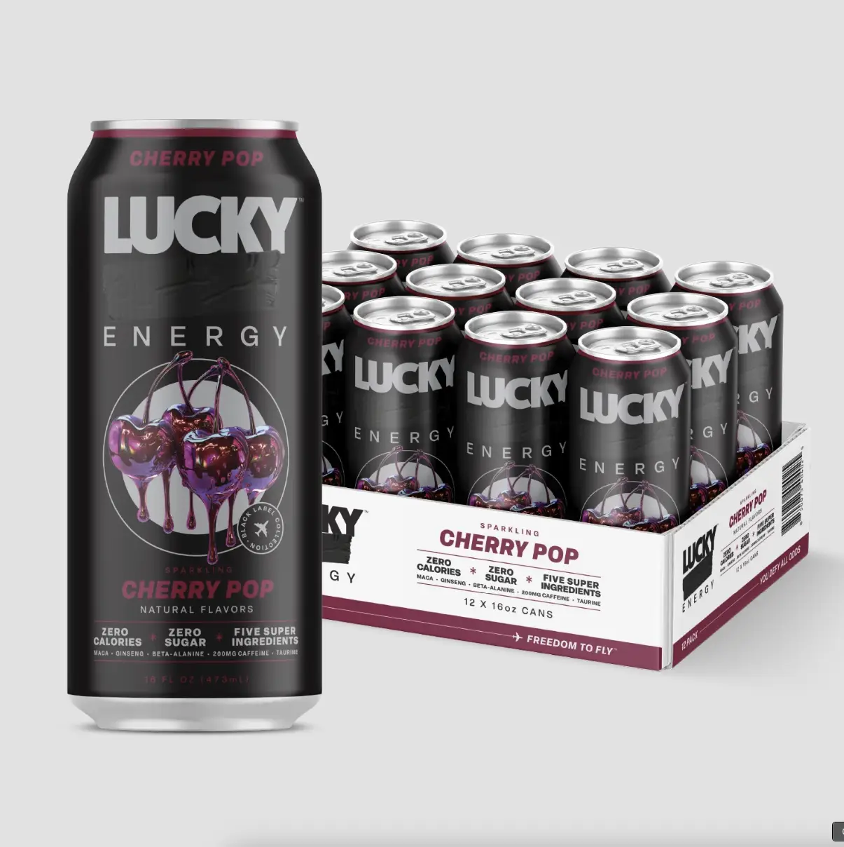 Lucky Energy - Cherry Pop - Zero Sugar Energy Drink - 16oz Cans - 200mg Caffeine with Maca Ginseng Beta Alanine & Taurine - 12-Pack - Vegan Gluten-Fre