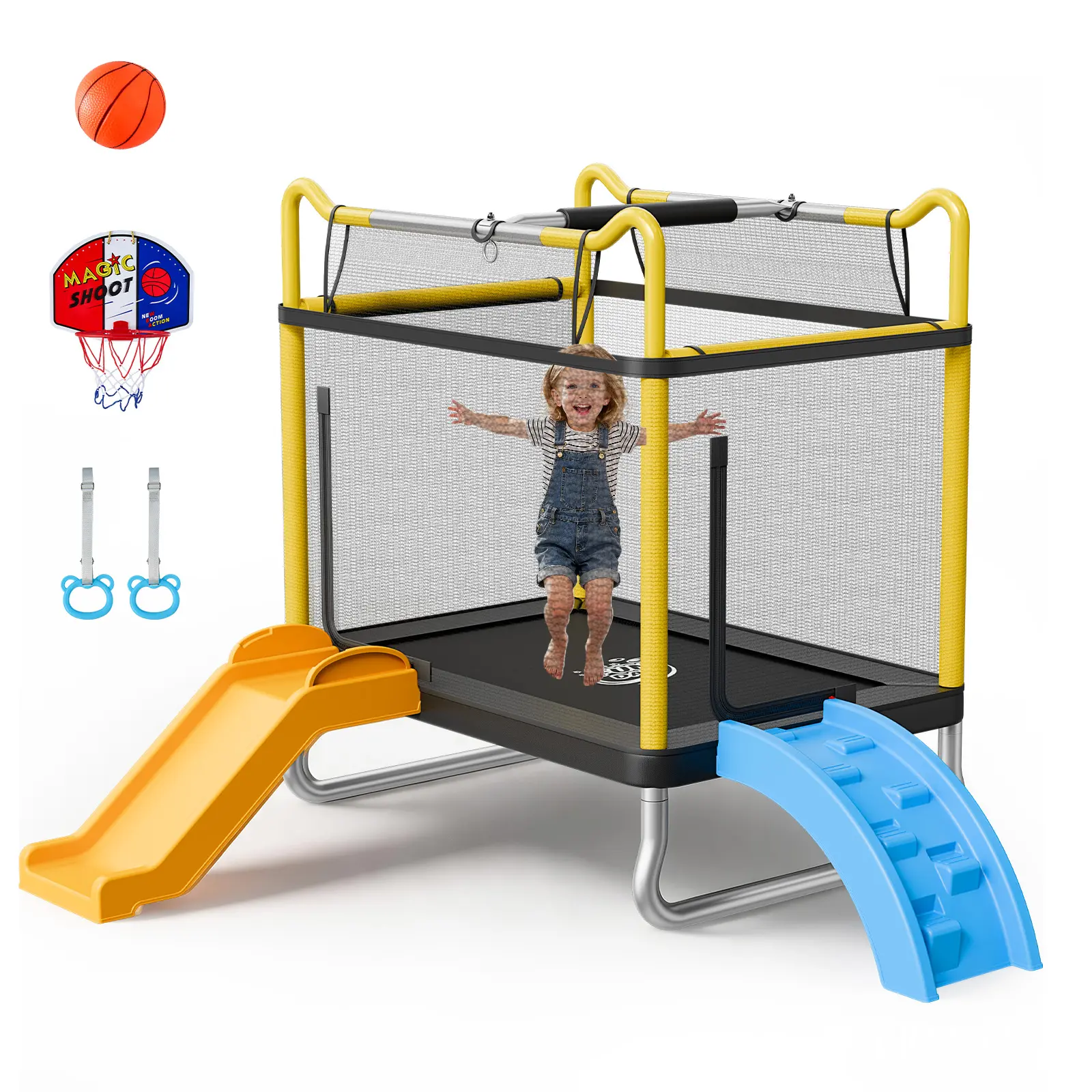 VEVOR Kids' Rectangle Trampoline - Enclosed Net Playground Equipment with Slide & Ring, 132lb Capacity, Easy Assembly Indoor-Outdoor Toys, Christmas/Birthday Gifts for Boys & Girls