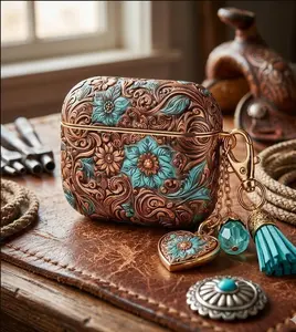 Boho Floral AirPods Case Cover, Vintage Turquoise-Brown Design, Cute Protective Case for AirPod Gen 1-2-3-4 Pro, Gift for Her (No Keychain)