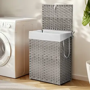 Foldable Laundry Hamper with Lid & Built-in Divider, 90L/110L 2-in-1 Compartment Machine Washable Clothes Basket, Space Saving for Bedroom, Grey/Yellow