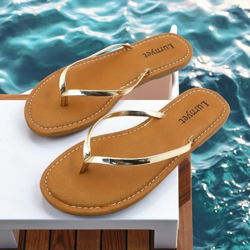 Women's Classic PU Leather Braid Slip-On Flip Flops - Lightweight Ankle Footwear with Memory Foam Footbed, Anti-Slip Rubber Sole, Recycled Polyester, Beach Slides Sandals for Casual Summer, Beach Use