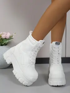 Women's 9cm Comfortable Casual Heeled Boots, PU Leather Lace-Up Anti-Slip Sole, Breathable High Top Short Boots for Daily Use
