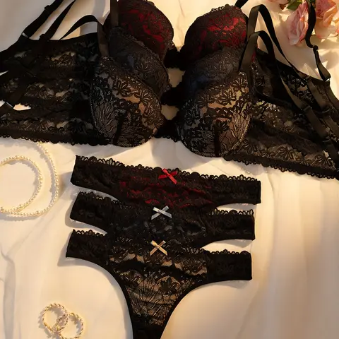 Women's Bra and Panty Set, Sexy Elegant Lace Decor Underwire Fixed Chest Pad Body Shaping Curve, Semi-Transparent Lace Sexy Triangle Panties, Multi-Color Optional 3-Set, All-Season Wear Spring Summer Breathable Comfortable