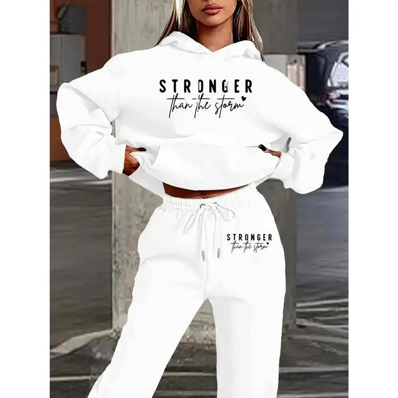 Women'S Casual Polyester Knit Tracksuit, Hooded Sweatshirt & Jogger Pants Set, Loose Fit, Alphabet Pattern, with Pockets, for Fall/Winter