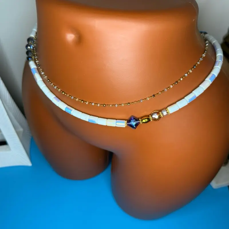 MAKD by Satousha Luminous Handcrafted Waistbeads - 1pc Women's Chain Body Chains, Iridescent Accents, Radiant Crystal Centerpiece, White Glass Beads, Minimalist Design, Customizable for Daily Wear, Minimalist Chain