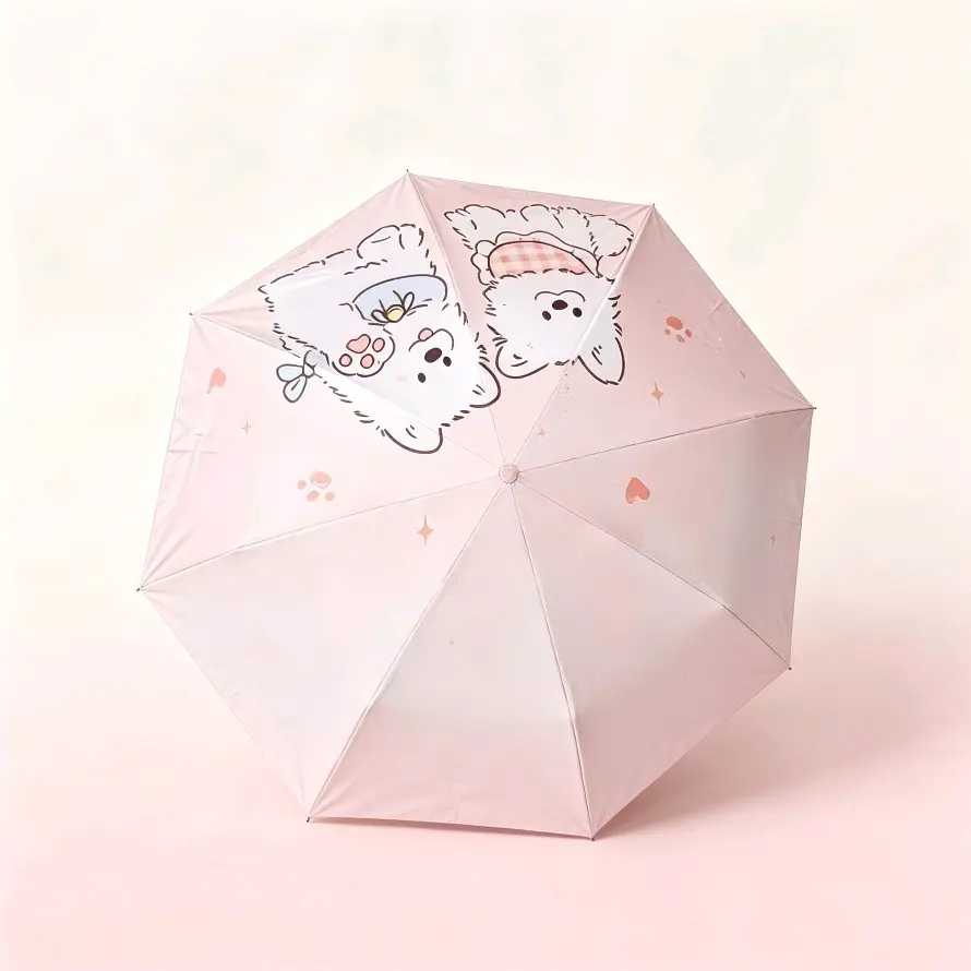 Kawaii 2 Puppies Foldable Umbrella, Pink Mini Pocket Parasol, Windproof Black Coating Sun & Rain Umbrella Cute Gift for Girls Women
