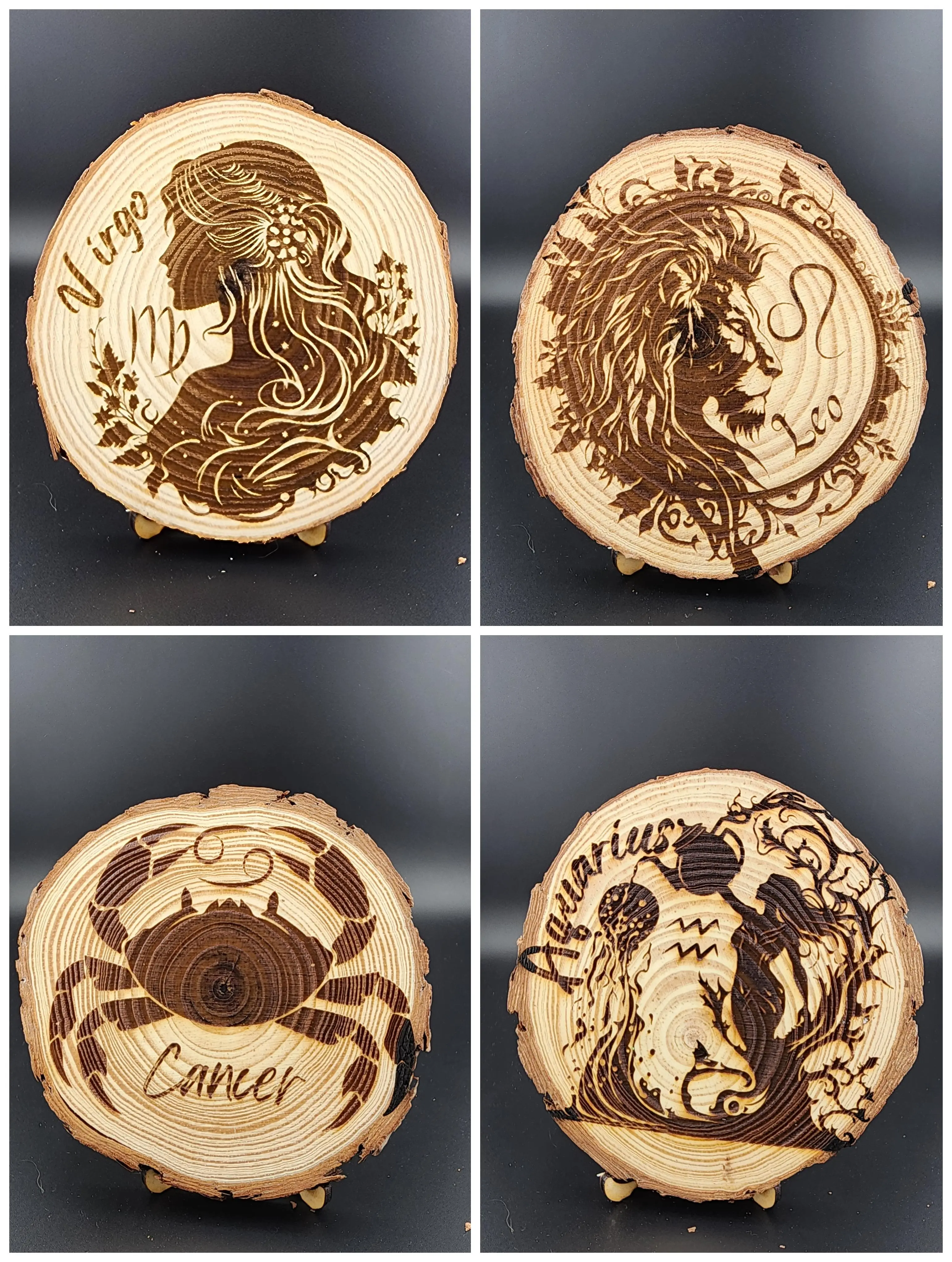 Wooden Engraved Zodiac Signs Round with Bark - Decor