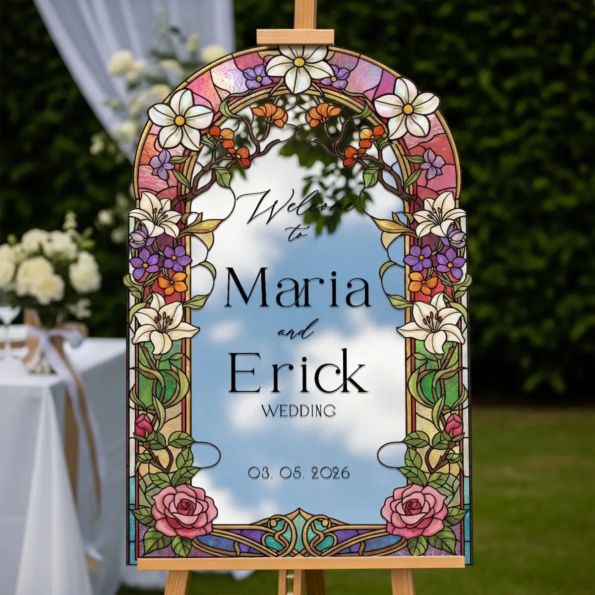 Floral Mirror Wedding Welcome Sign