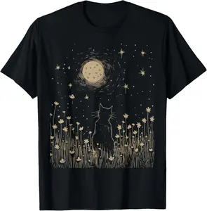 100% Cotton Unisex Floral Black Cat Moon Halloween Cottagecore Aesthetic T-Shirt