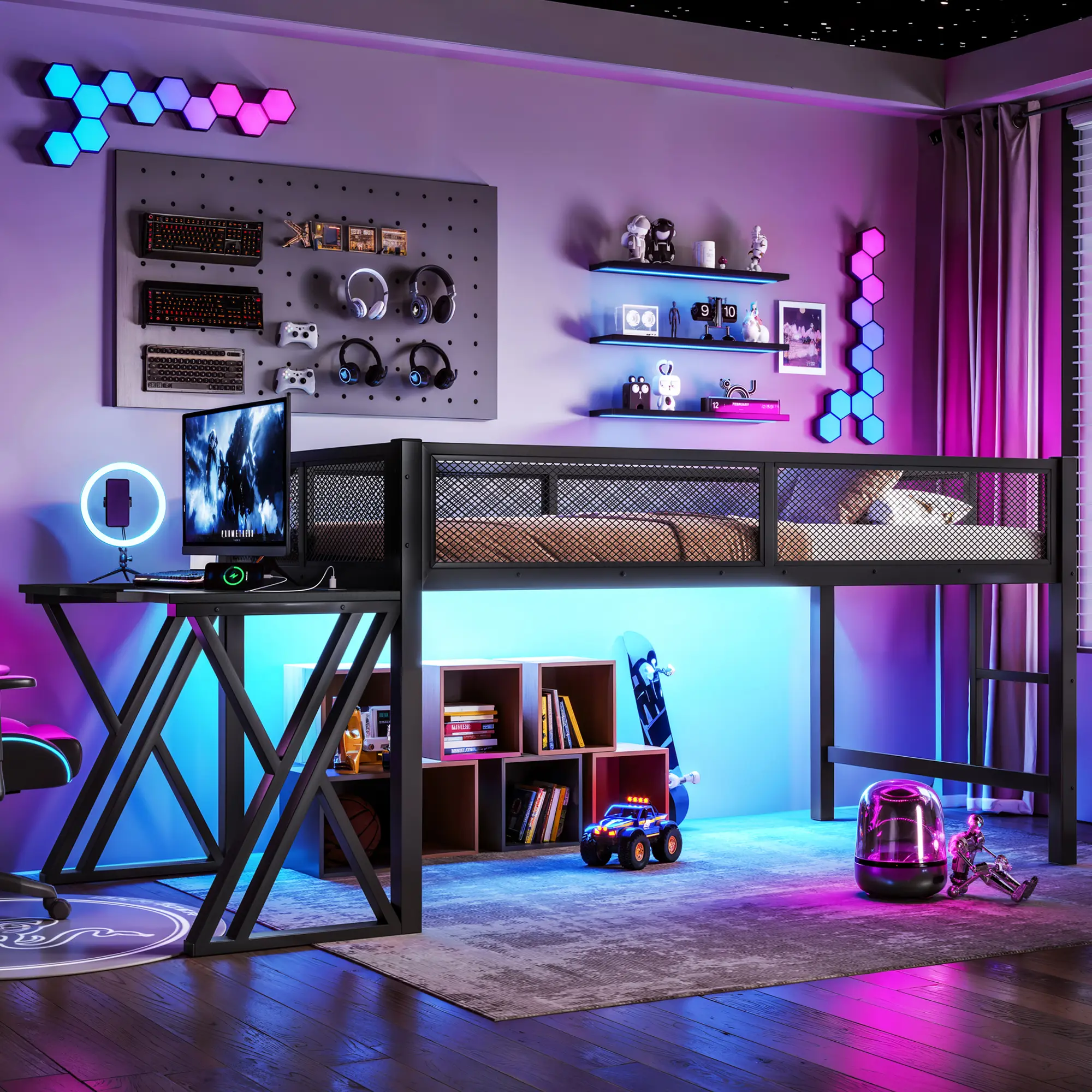 Black + MDF + Metal Gaming Loft Bed (Twin XL/Full Size) - Sturdy X-Shaped Legs Frame with Built-in Desk, LED&USB, Staircase, Mesh Rail, Gaming Setup Compatibility, Space Saving for Student Bedroom, Assembly Required