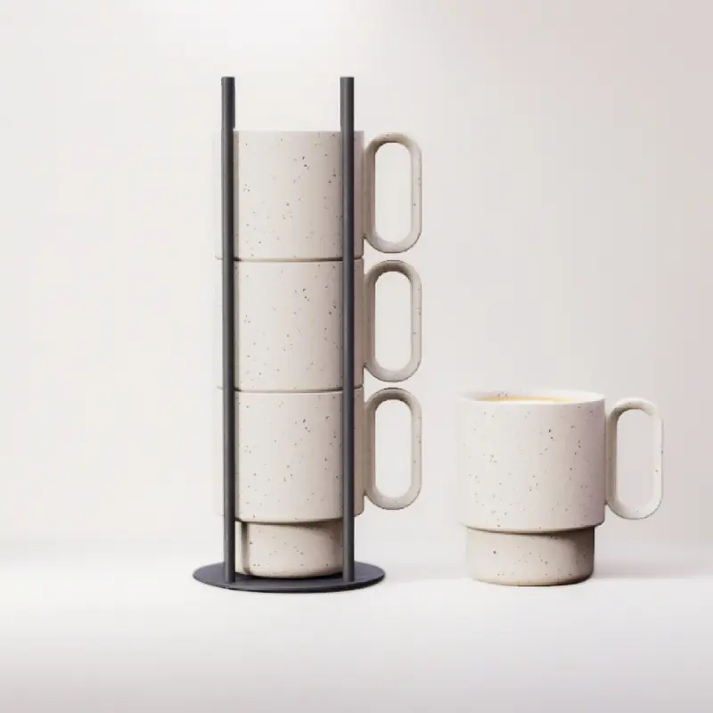 Stackable Ceramic Coffee Mug & Cup Set - 4x8oz Drink Mugs with Unique Sprinkled Optics, Powder Coated Metal Black Stand, Dishwasher-Safe, Microwave & Oven Safe, Scandinavian Minimal Kitchenware