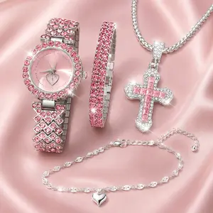 Pink Rhinestone 4-Piece Jewelry Set - Iced Out Watch, Cross Necklace, Bracelet & Heart Anklet, Sparkly Y2K Hip Hop Accessories, Perfect Birthday/Party Gift for Her