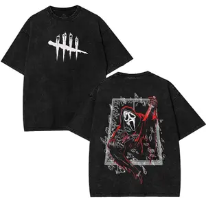 Dead By Daylight Ghost Face Edition Double Printed Oversize Lightweight Acid Washed Tee Scary Movie, TV series Vintage Graphic Design Top Cotton Comic Halloween Streetwear T-Shirt Clothes Menswear Womenswear.