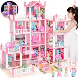 Dream Dollhouse for Girls 4-Story 11 Rooms Playhouse Kit with 4 Dolls Furniture Accessories Set Gift Toy for Kids Ages 3-8 26.2in