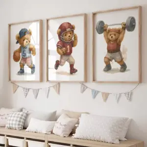 Three-Piece Frameless Cartoon Teddy Bear Basketball Wall Art Print, Canvas Painting Poster, Living Room Modern Home Decor, No Ca Prop 65 Re