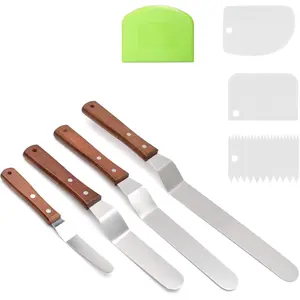 Angled Cake Icing Spatula Set with Dough Scraper and Cake Scraper Set for Cake Decorating, Professional Offset Frosting Spatula (4" 6" 8" 10" Blade) with Hangable Wooden Handle