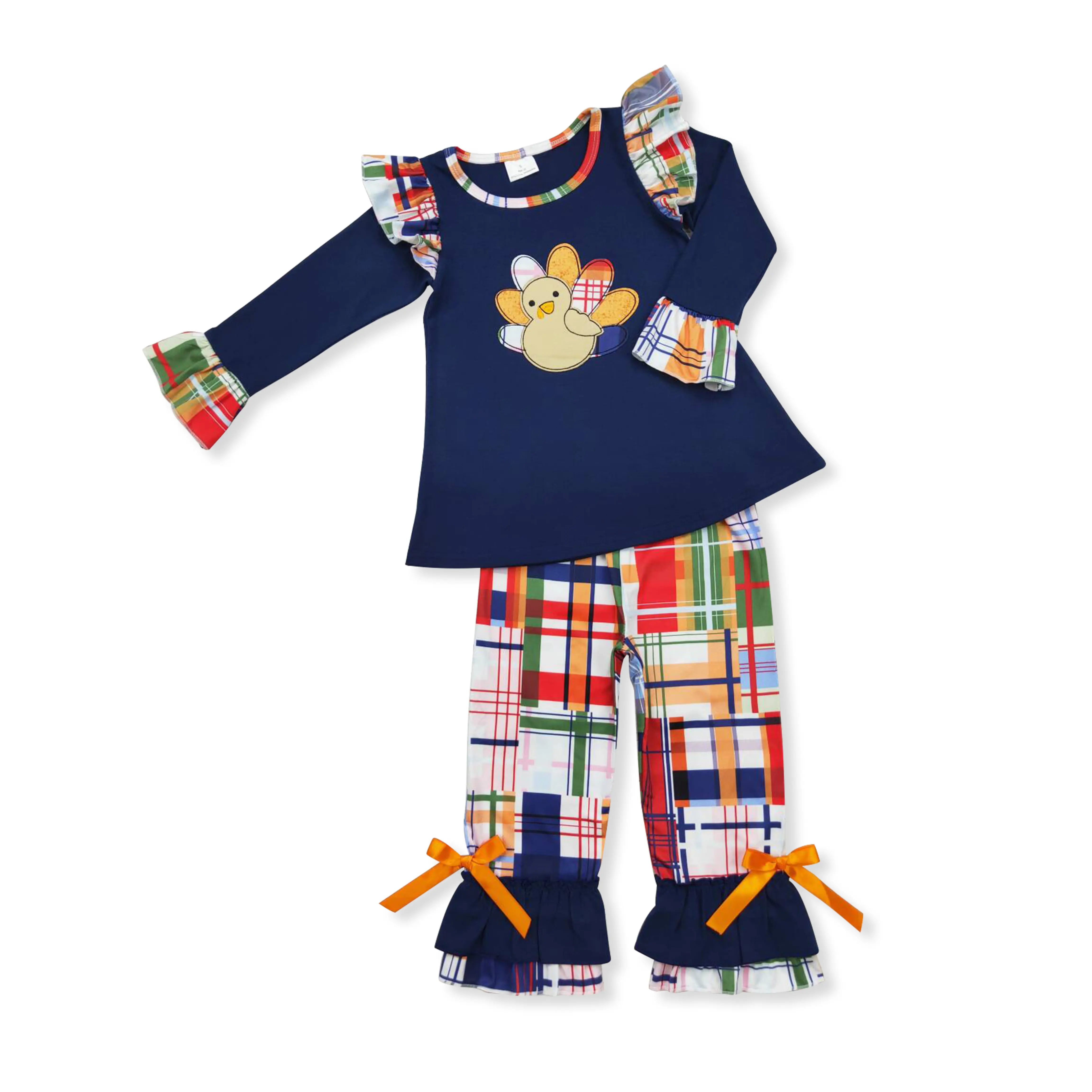 Girls' Thanksgiving Outfit, Cute 2-Piece Toddler Clothing Set with Navy Turkey Print Top and Flared Bell Bottom Pants, Kid