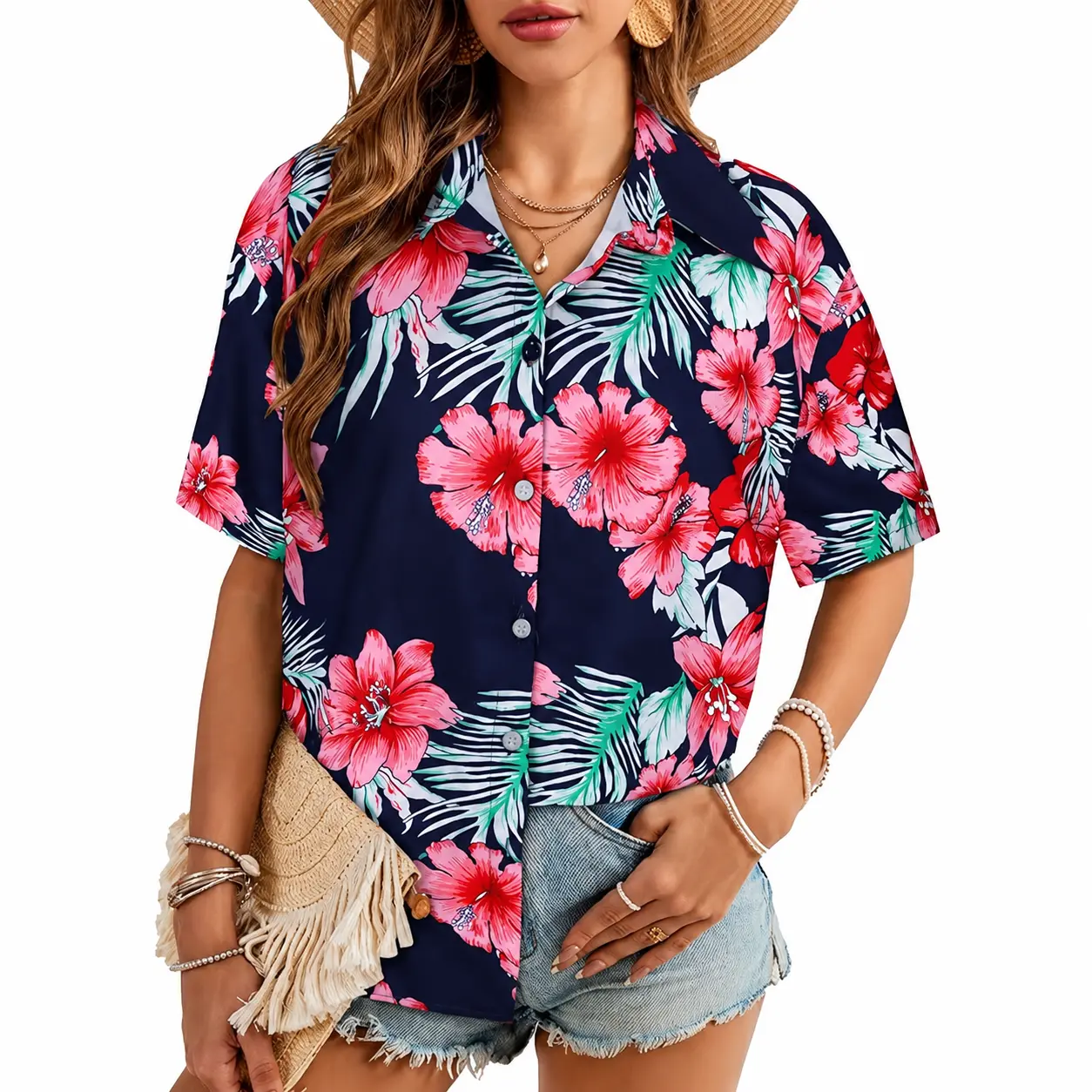 Women's Hawaiian Aloha Shirt, Tropical Print Stretch Button Down, Casual Loose Fit for Vacation Resort Wear, Plus Size 2XS-6XL, Tiki Style, Women's Tops And Blouses, Mother’s Day, Colorful Style, Aloha Style, 3Xl