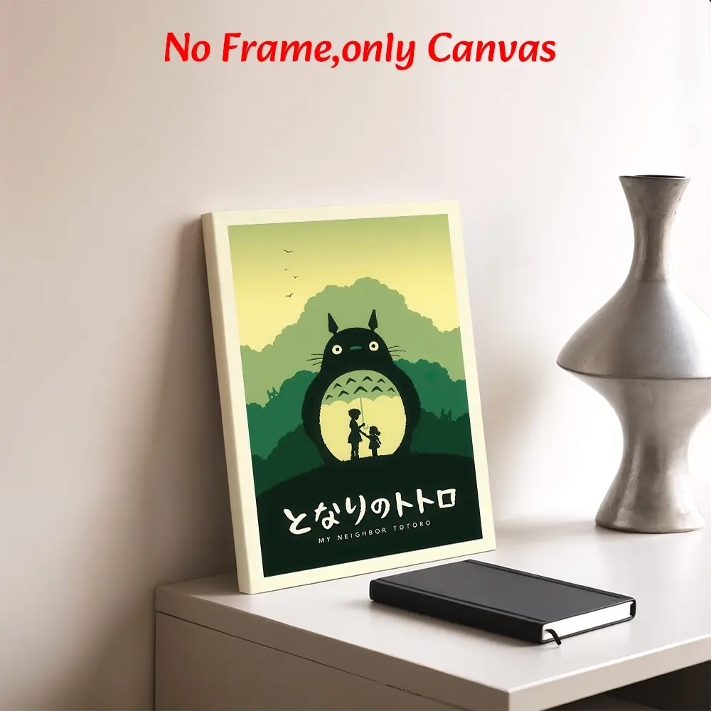 Anime Wall Art, My Neighbor Totoro Silhouette Poster, Studio Ghibli Minimalist Fantasy Style Printing, Green Toned Canvas Decoration, Bedroom & Living Room Aesthetic, Perfect Gift For Ghibli Fans, Versatile Setting, Unframed.