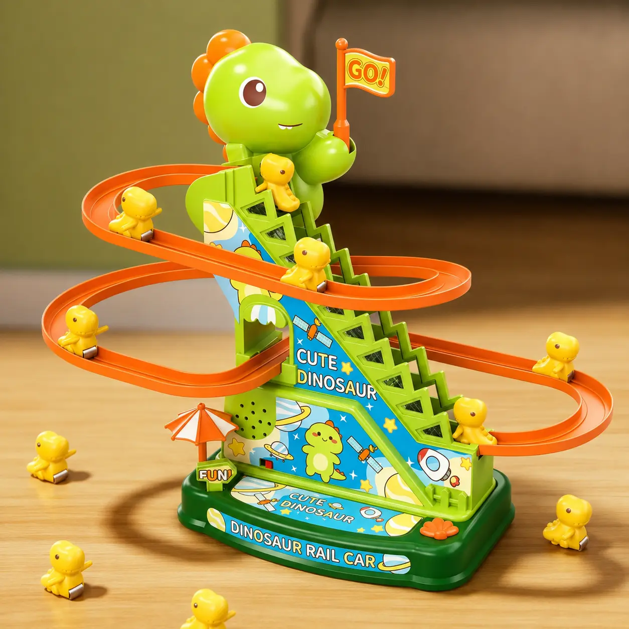 One-button automatic electric dinosaur climbing track toy, includes six climbing track cars, A fun, age-appropriate roller coaster chase set for all ages with seamless stair climbing and smooth sliding integrated functionality—ideal for family parent