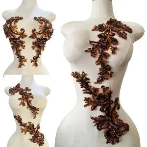 Handmade Shining Rhinestones lace Applique Patches Sewing Beads Sequins Stone Trim Accessories for Wedding Dress one Pair/Bag (Brown)