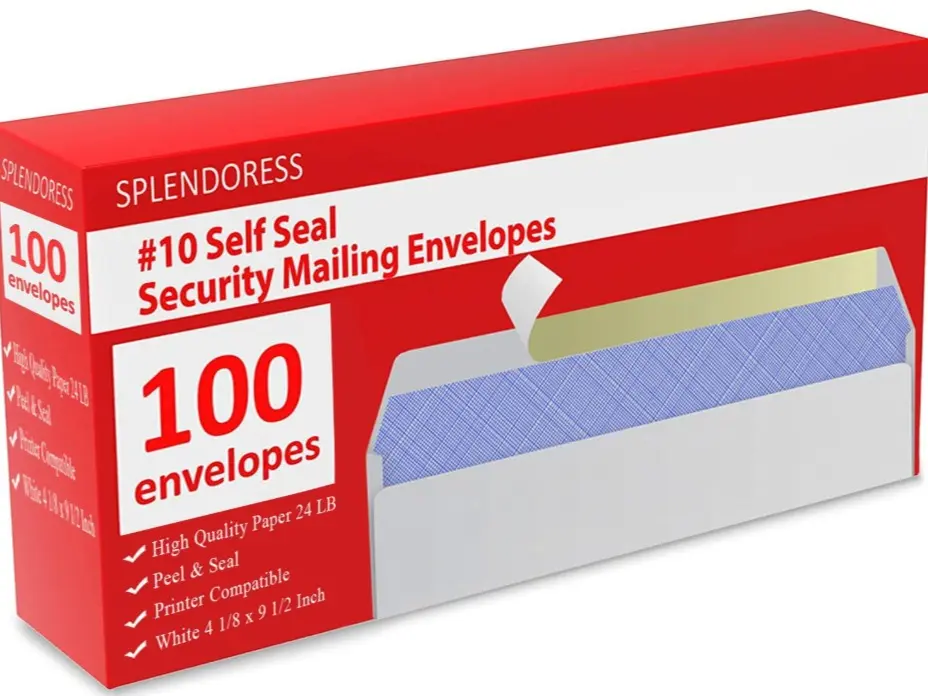 #10 Envelopes Letter Size Self Seal | 100 Business Mailing Security Peel and Sealing Envelope | 100% Tinted | no 10 White Windowless Legal Regular Plain Envelops Pack | 4-1/8 x 9-1/2 Inches | 24 LB
