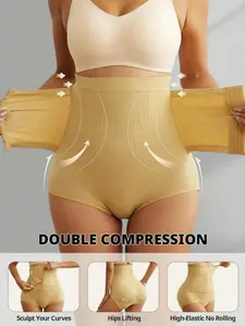 1 Count Women's High Waisted Adjustable Front Buckle Shapewear Shorts, Solid Color Triangular Buckle Trim Abdominal Shaper Panty, Tummy Control Body Sculpting Bottoms, Butt Lifting Enhanced Compression Panties, Suitable For Training Or Sports, Casual