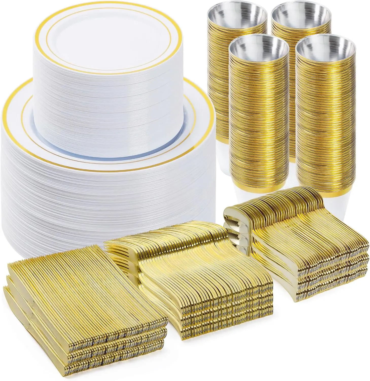 Wellife 600 PCS Perfect for Party,Wedding ,birthday, Gold Plastic Dinnerware Sets,, Inlcud: 100 Dinner Plates,100 Salad Plates,300 Gold Silverware Set,100 Cups for Party Supplies Tableware