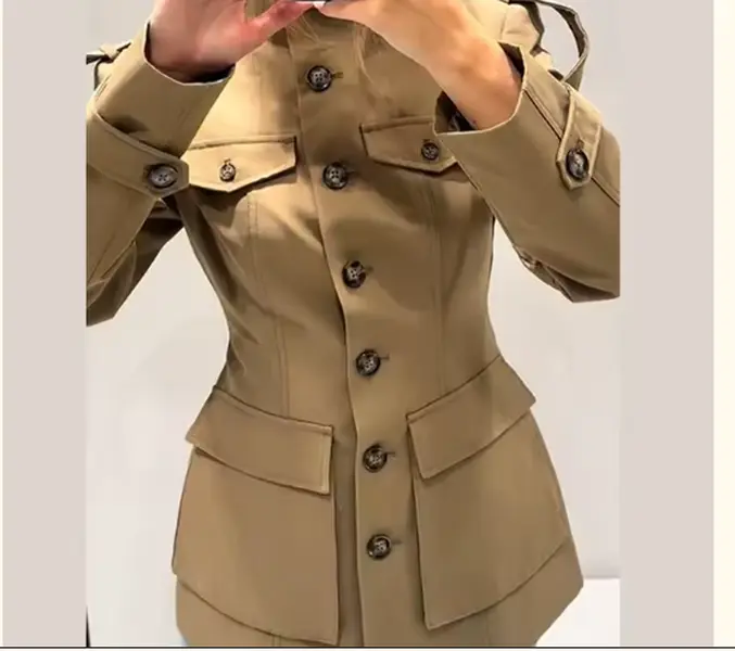Patty Parker Tan Jacket with Button Details and Pockets Fake Pockets Design Product Name