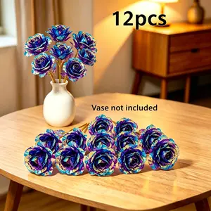 12-Piece Gold Foil Artificial Rose Bouquet with Realistic Texture, Elegant Home Decor Ornaments for Table, Romantic Bedroom Flowers, Ideal Mother's Day Gift for Weddings Shiny Glitter Handcrafted 24K Dipped glass