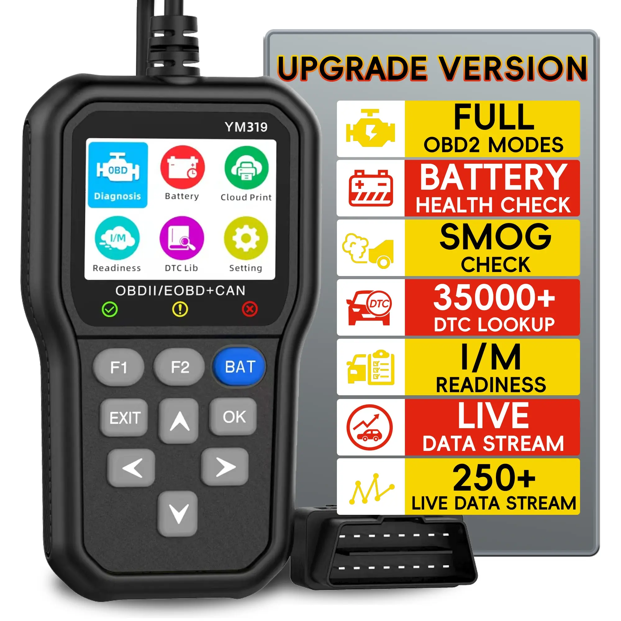 Professional Obd2 Diagnostic Scanner, Automotive Scan Tool, USB Powered Engine Fault Detector, Code Reader, Battery Tester, Supports 10 Languages, No Batteries Needed